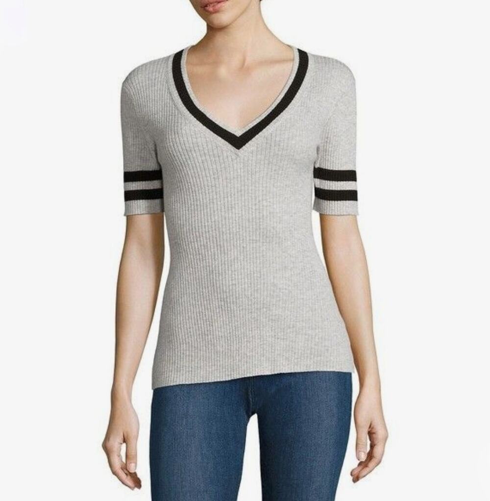 Frame Ribbed V-Neck Sweater Large Gray Blue Wool Blend Preppy Minimalist